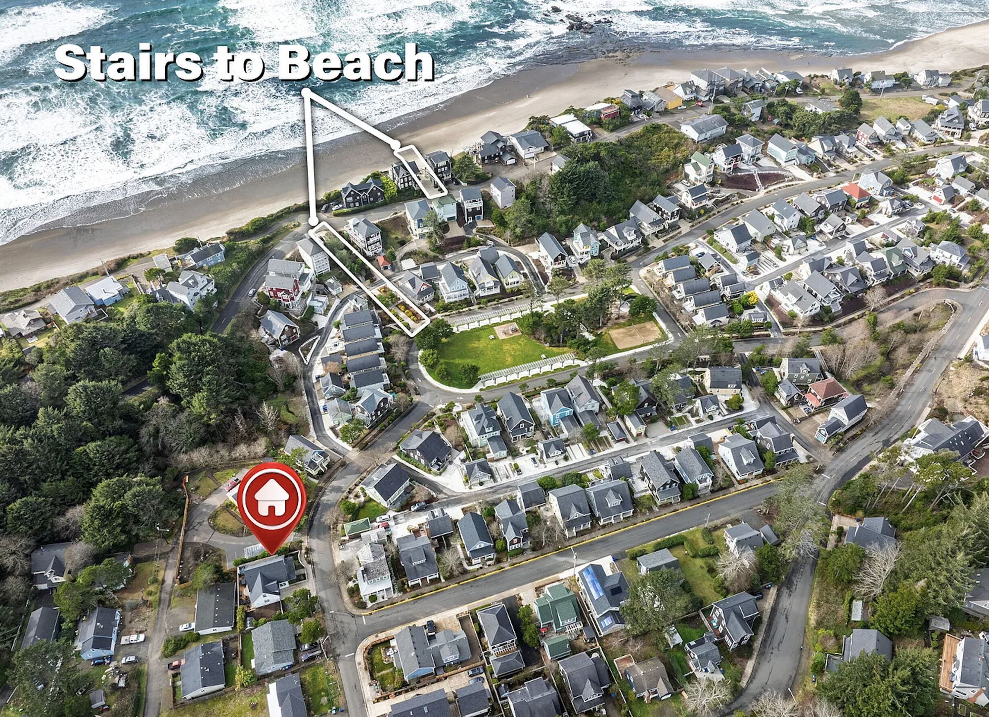 Aerial view of the neighborhood showing the house and the walking route to the Olivia Beach stairs